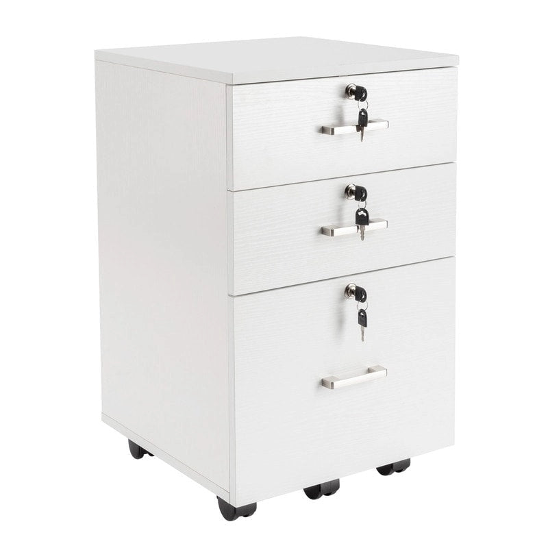 Caisson de classement à 3 tiroirs en MDF, coloris Chêne / Noir / Blanc / Gris, avec serrure et roulettes
