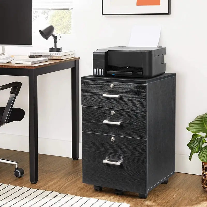Caisson de classement à 3 tiroirs en MDF, coloris Chêne / Noir / Blanc / Gris, avec serrure et roulettes