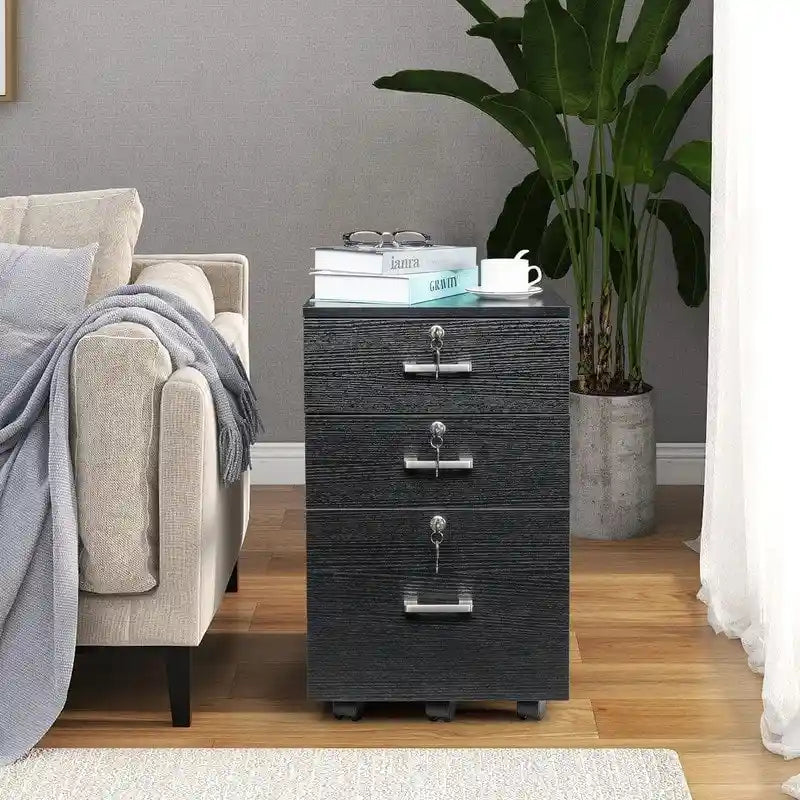Caisson de classement à 3 tiroirs en MDF, coloris Chêne / Noir / Blanc / Gris, avec serrure et roulettes