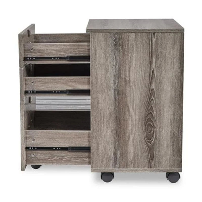 Caisson de classement à 3 tiroirs en MDF, coloris Chêne / Noir / Blanc / Gris, avec serrure et roulettes