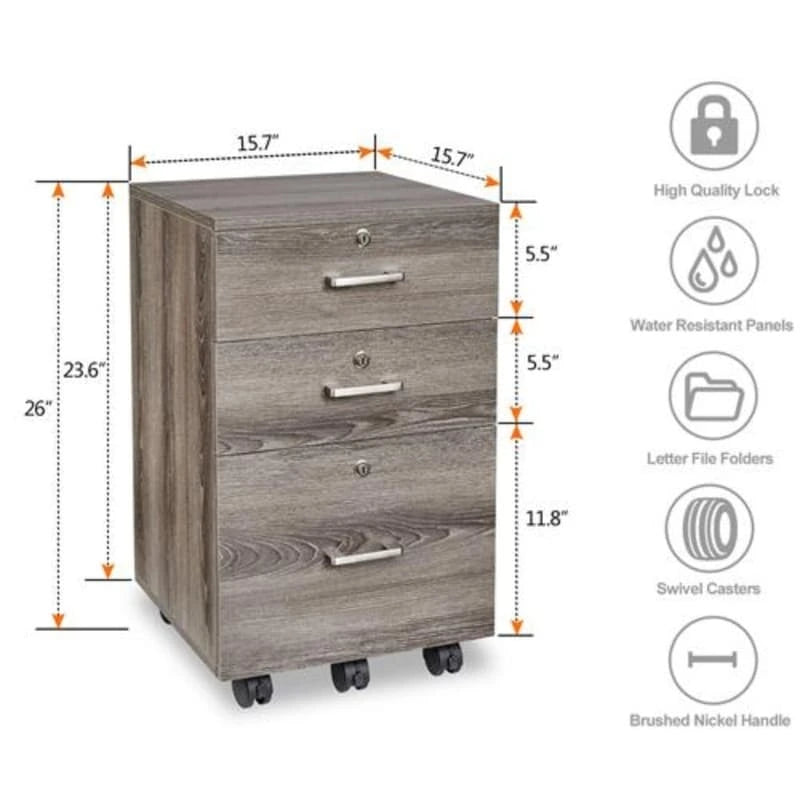 Caisson de classement à 3 tiroirs en MDF, coloris Chêne / Noir / Blanc / Gris, avec serrure et roulettes
