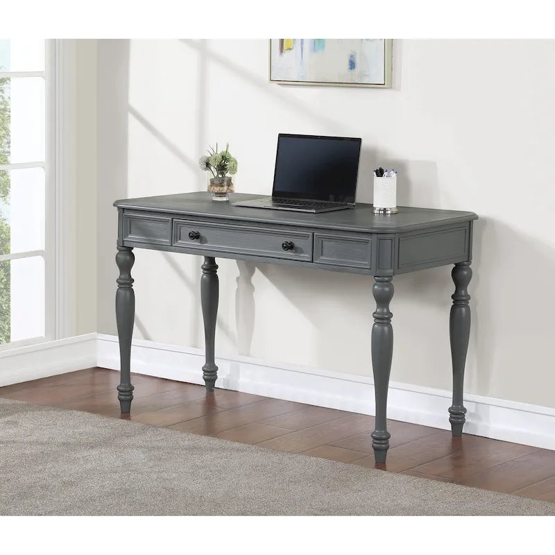 Bureau traditionnel en bois massif Plantation Grey / Antique White avec tiroir à extension complète et passe-câbles - Usage unique