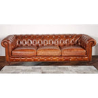 Canapé / Causeuse / Fauteuil Chesterfield en cuir véritable marron avec accoudoirs roulés et garniture cloutée