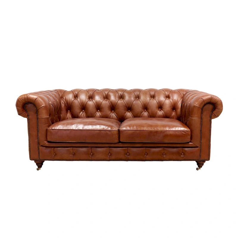 Canapé / Causeuse / Fauteuil Chesterfield en cuir véritable marron avec accoudoirs roulés et garniture cloutée
