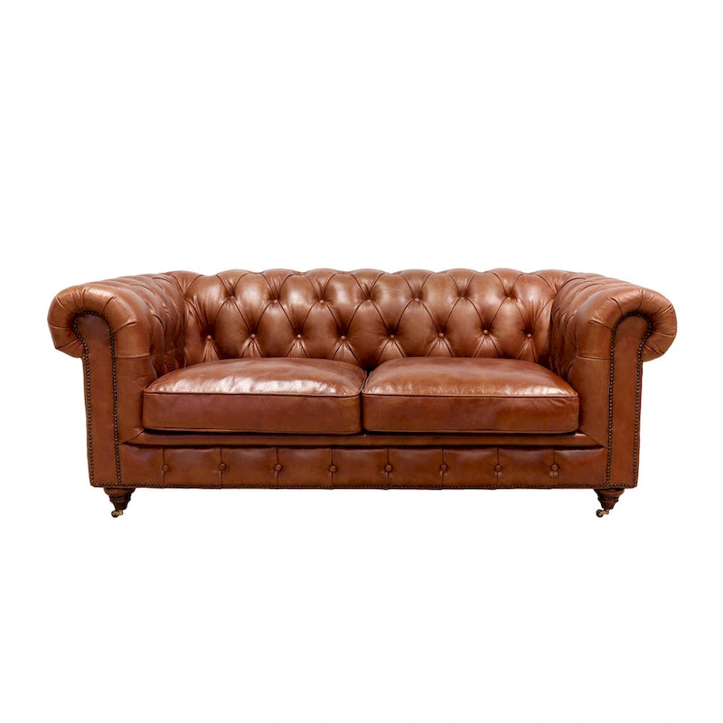 Canapé / Causeuse / Fauteuil Chesterfield en cuir véritable marron avec accoudoirs roulés et garniture cloutée