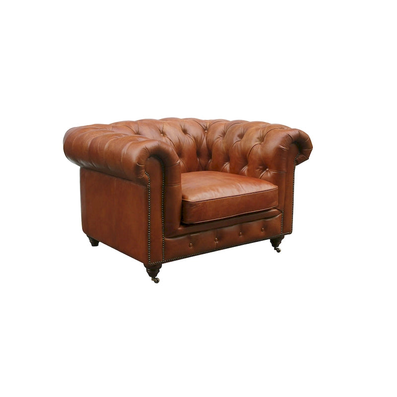 Canapé / Causeuse / Fauteuil Chesterfield en cuir véritable marron avec accoudoirs roulés et garniture cloutée