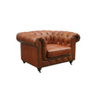 Canapé / Causeuse / Fauteuil Chesterfield en cuir véritable marron avec accoudoirs roulés et garniture cloutée