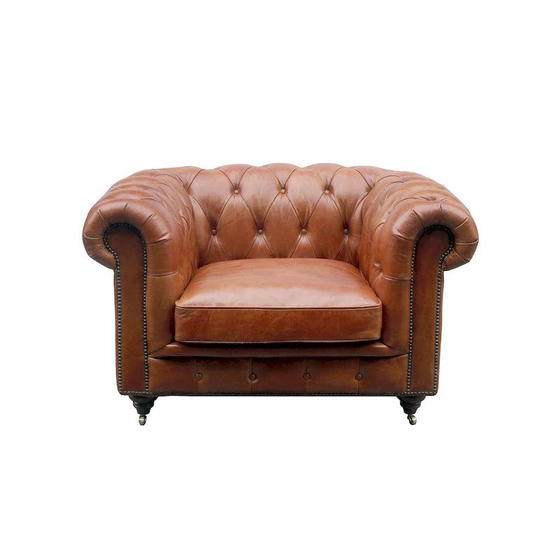 Canapé / Causeuse / Fauteuil Chesterfield en cuir véritable marron avec accoudoirs roulés et garniture cloutée