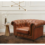 Canapé / Causeuse / Fauteuil Chesterfield en cuir véritable marron avec accoudoirs roulés et garniture cloutée