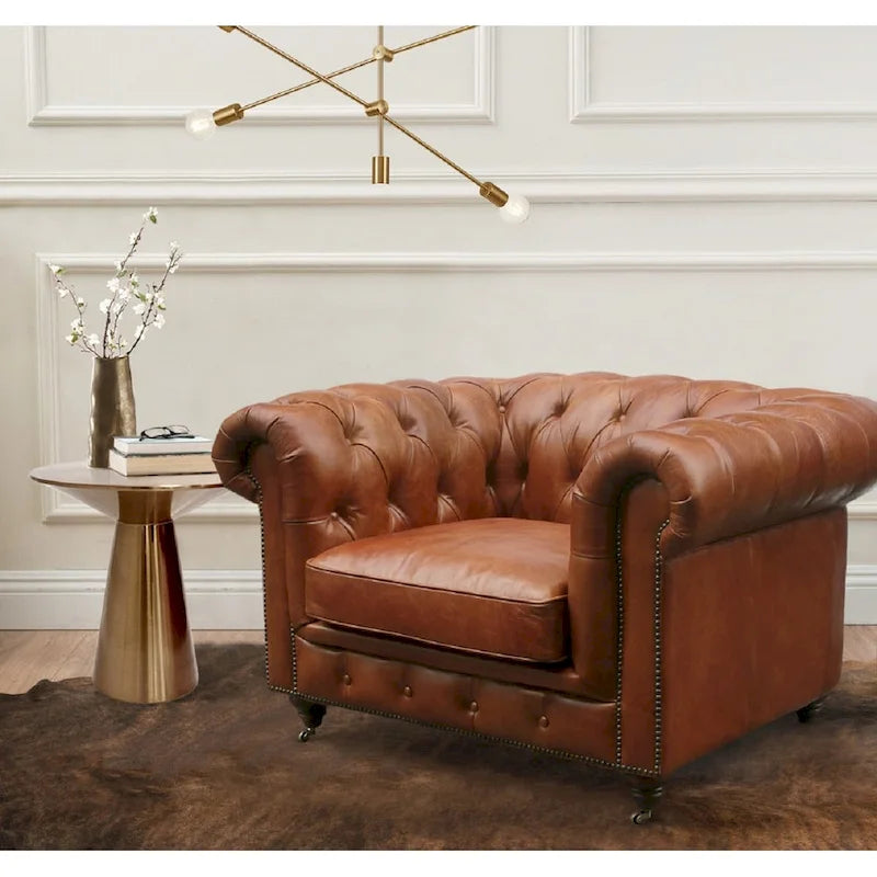 Canapé / Causeuse / Fauteuil Chesterfield en cuir véritable marron avec accoudoirs roulés et garniture cloutée