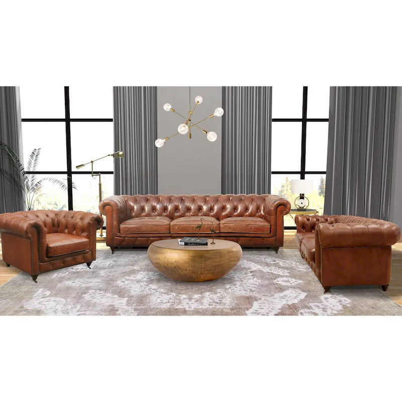 Canapé / Causeuse / Fauteuil Chesterfield en cuir véritable marron avec accoudoirs roulés et garniture cloutée