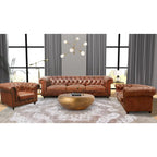 Canapé / Causeuse / Fauteuil Chesterfield en cuir véritable marron avec accoudoirs roulés et garniture cloutée