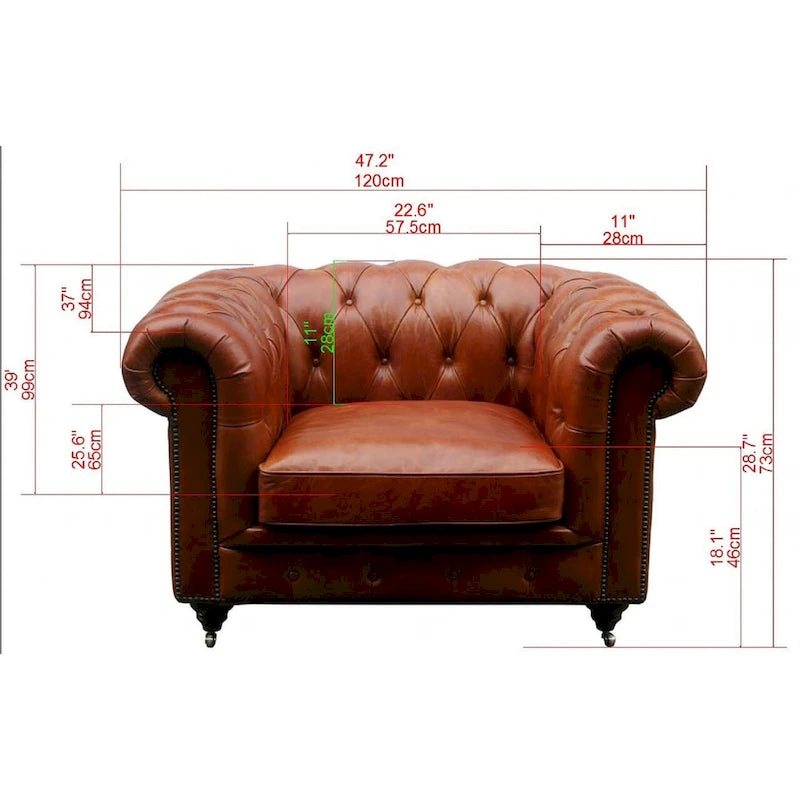 Canapé / Causeuse / Fauteuil Chesterfield en cuir véritable marron avec accoudoirs roulés et garniture cloutée
