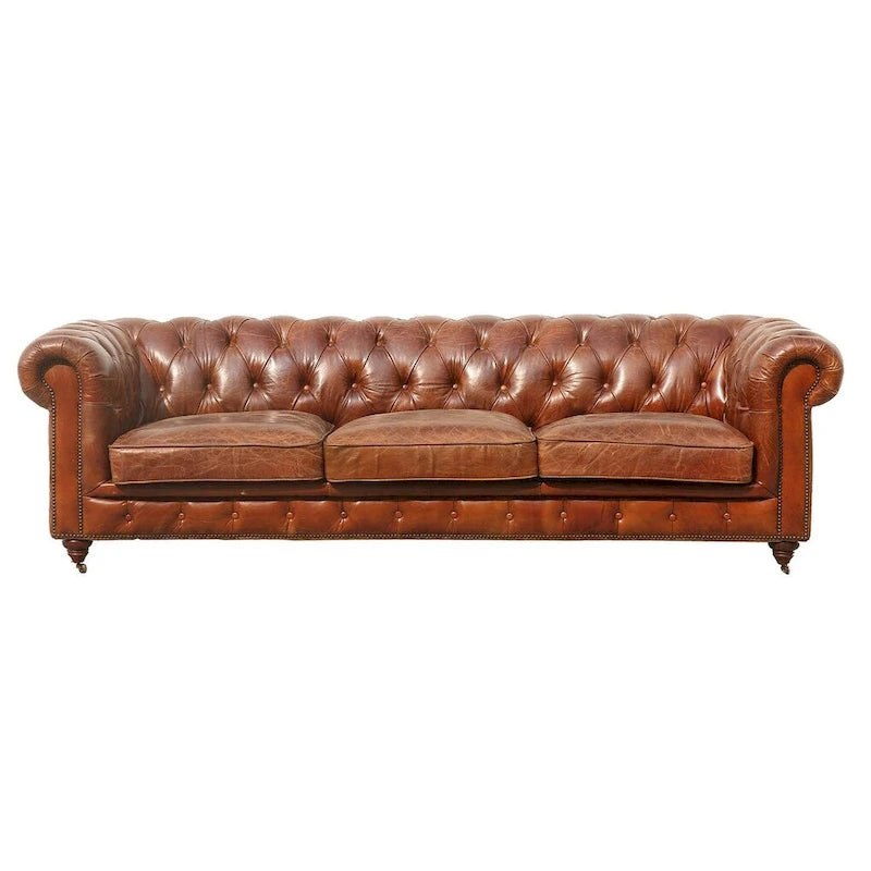 Canapé / Causeuse / Fauteuil Chesterfield en cuir véritable marron avec accoudoirs roulés et garniture cloutée