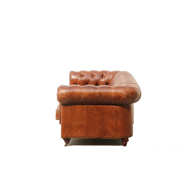 Canapé / Causeuse / Fauteuil Chesterfield en cuir véritable marron avec accoudoirs roulés et garniture cloutée