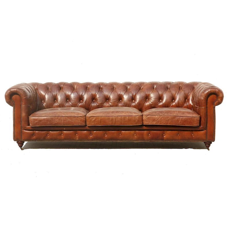 Canapé / Causeuse / Fauteuil Chesterfield en cuir véritable marron avec accoudoirs roulés et garniture cloutée