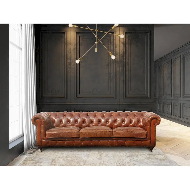 Canapé / Causeuse / Fauteuil Chesterfield en cuir véritable marron avec accoudoirs roulés et garniture cloutée