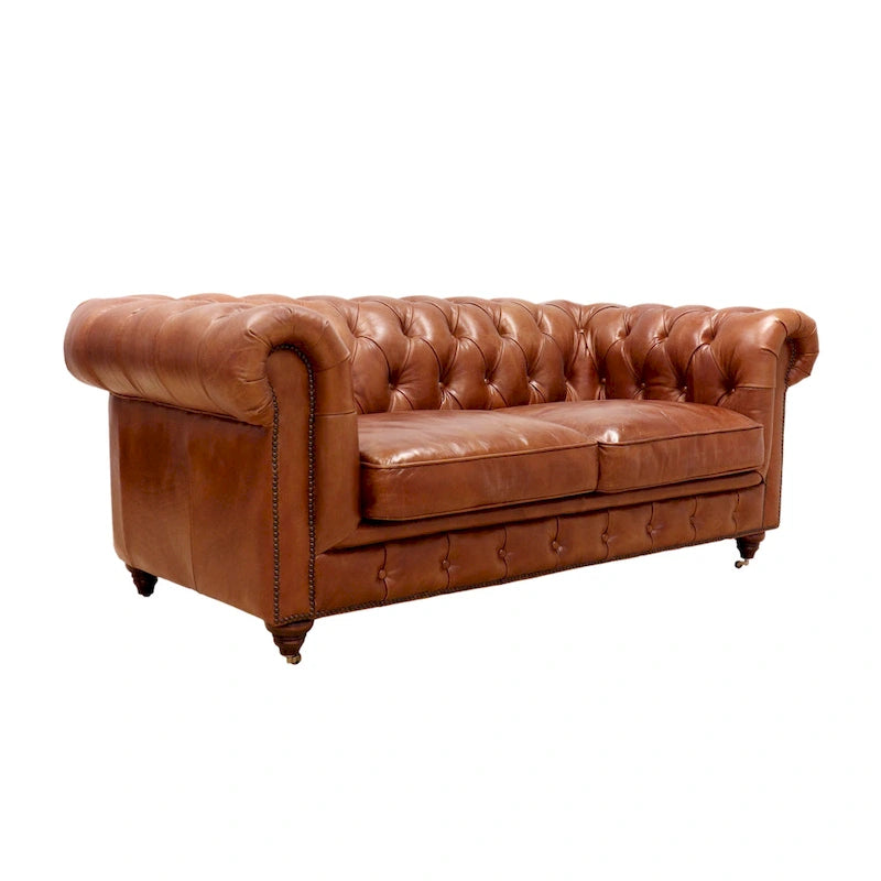 Canapé / Causeuse / Fauteuil Chesterfield en cuir véritable marron avec accoudoirs roulés et garniture cloutée