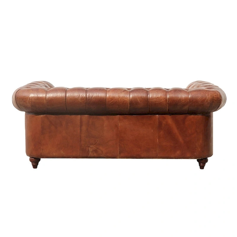 Canapé / Causeuse / Fauteuil Chesterfield en cuir véritable marron avec accoudoirs roulés et garniture cloutée