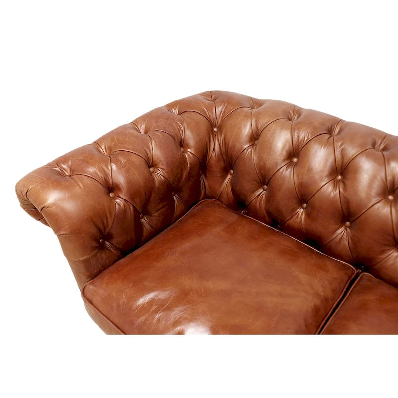 Canapé / Causeuse / Fauteuil Chesterfield en cuir véritable marron avec accoudoirs roulés et garniture cloutée