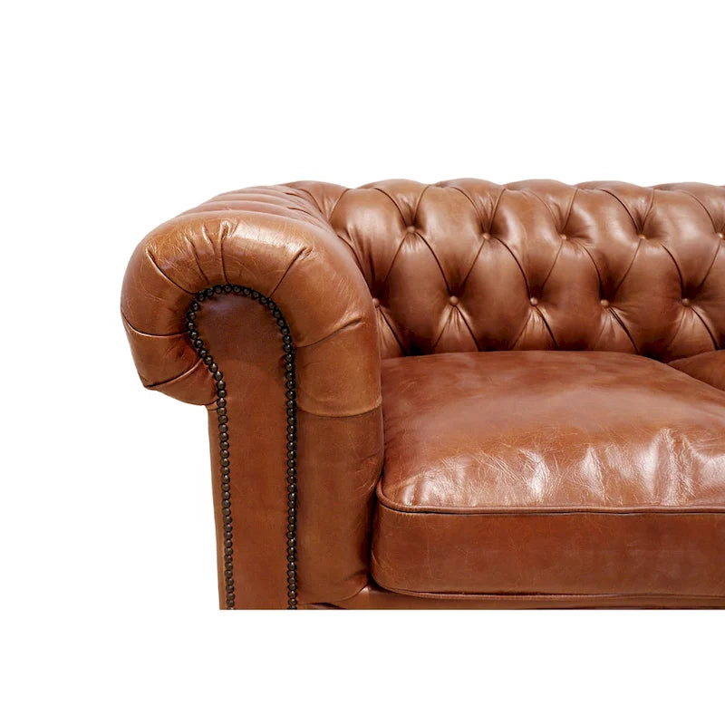 Canapé / Causeuse / Fauteuil Chesterfield en cuir véritable marron avec accoudoirs roulés et garniture cloutée