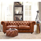 Canapé / Causeuse / Fauteuil Chesterfield en cuir véritable marron avec accoudoirs roulés et garniture cloutée