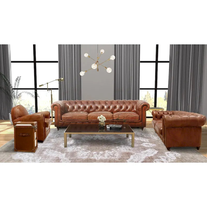 Canapé / Causeuse / Fauteuil Chesterfield en cuir véritable marron avec accoudoirs roulés et garniture cloutée