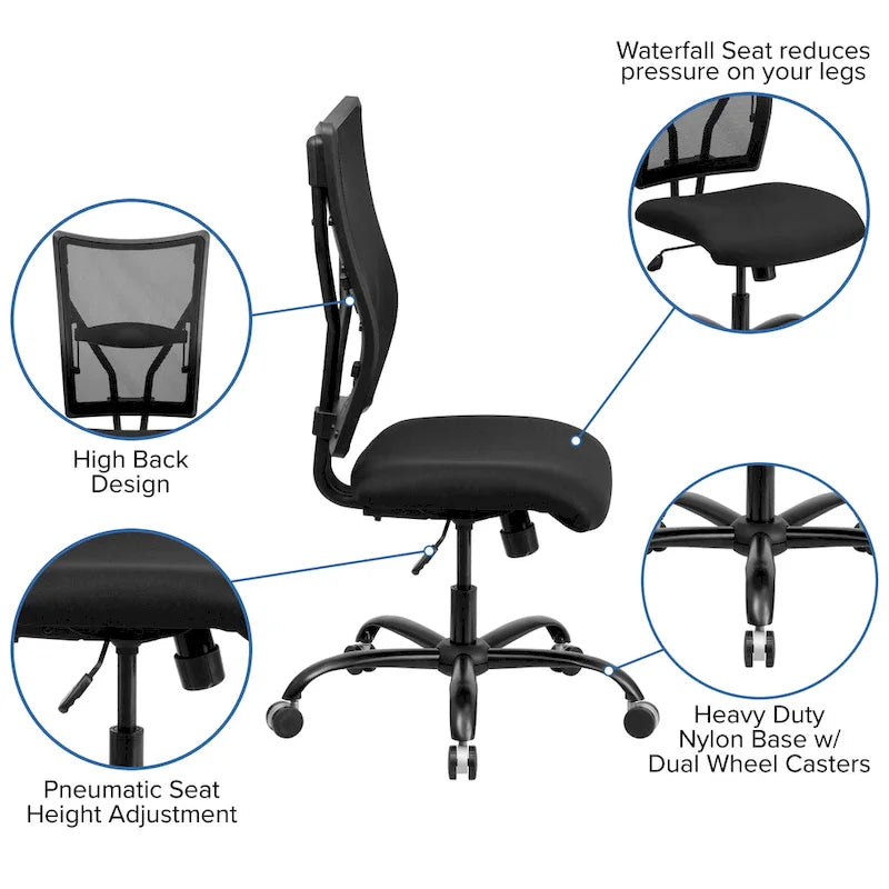 Fauteuil de bureau ergonomique à dossier haut en maille noir, grand et large, avec inclinaison synchronisée et support lombaire réglable - Usage unique
