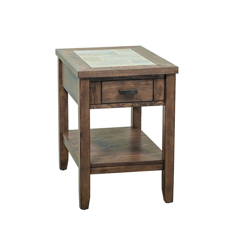 Table d'appoint rustique en bois et carrelage avec tiroir et étagère inférieure - Utilisation unique