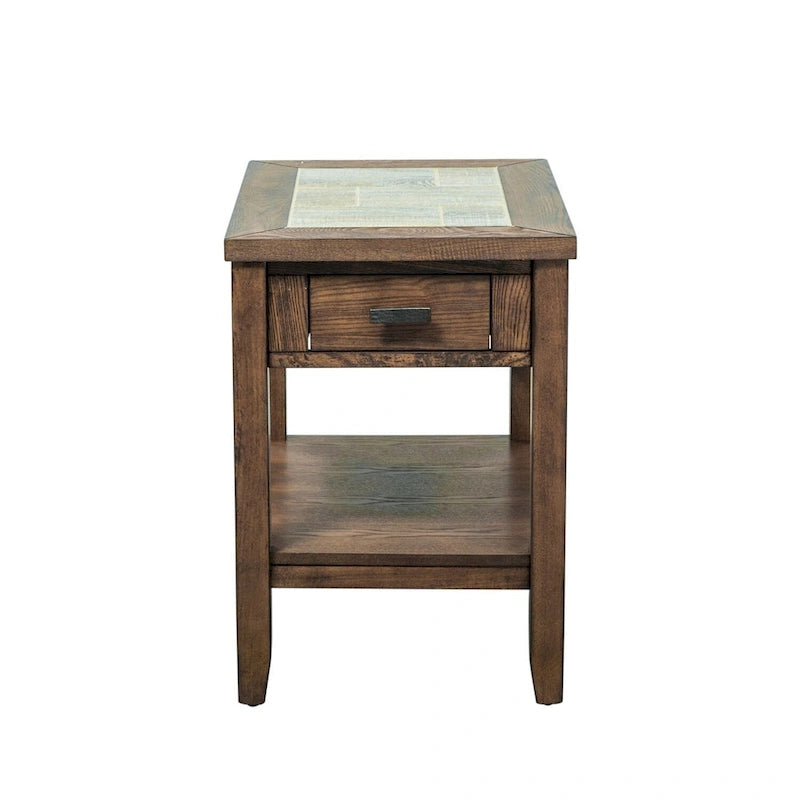 Table d'appoint rustique en bois et carrelage avec tiroir et étagère inférieure - Utilisation unique
