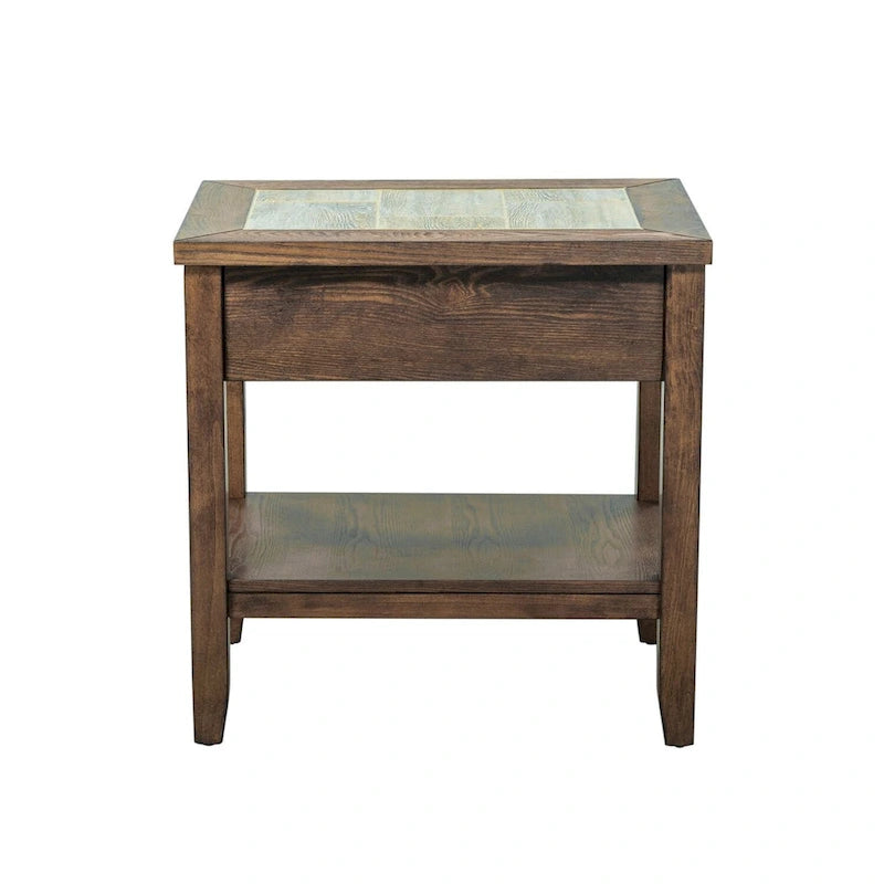 Table d'appoint rustique en bois et carrelage avec tiroir et étagère inférieure - Utilisation unique