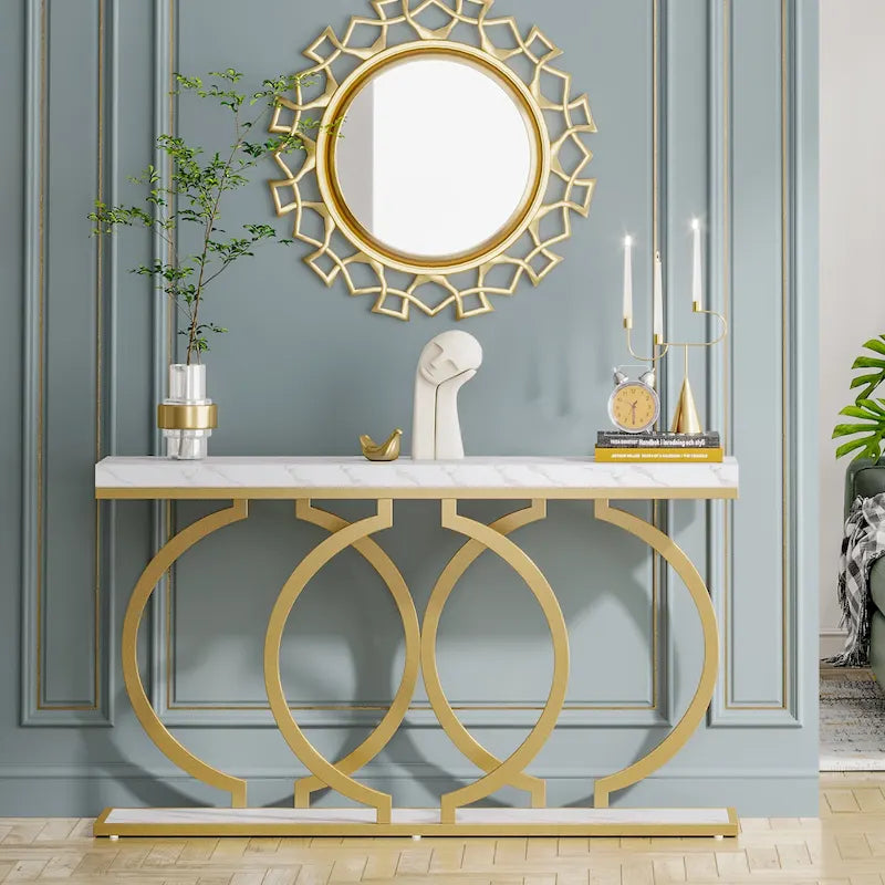 Console avec plateau en faux marbre blanc/noir/noyer/marron et base géométrique en métal - Usage unique