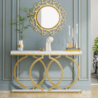 Console avec plateau en faux marbre blanc/noir/noyer/marron et base géométrique en métal - Usage unique