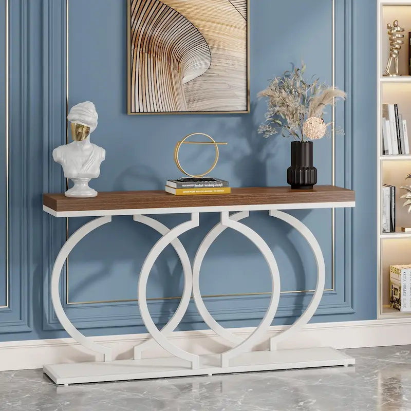 Console avec plateau en faux marbre blanc/noir/noyer/marron et base géométrique en métal - Usage unique