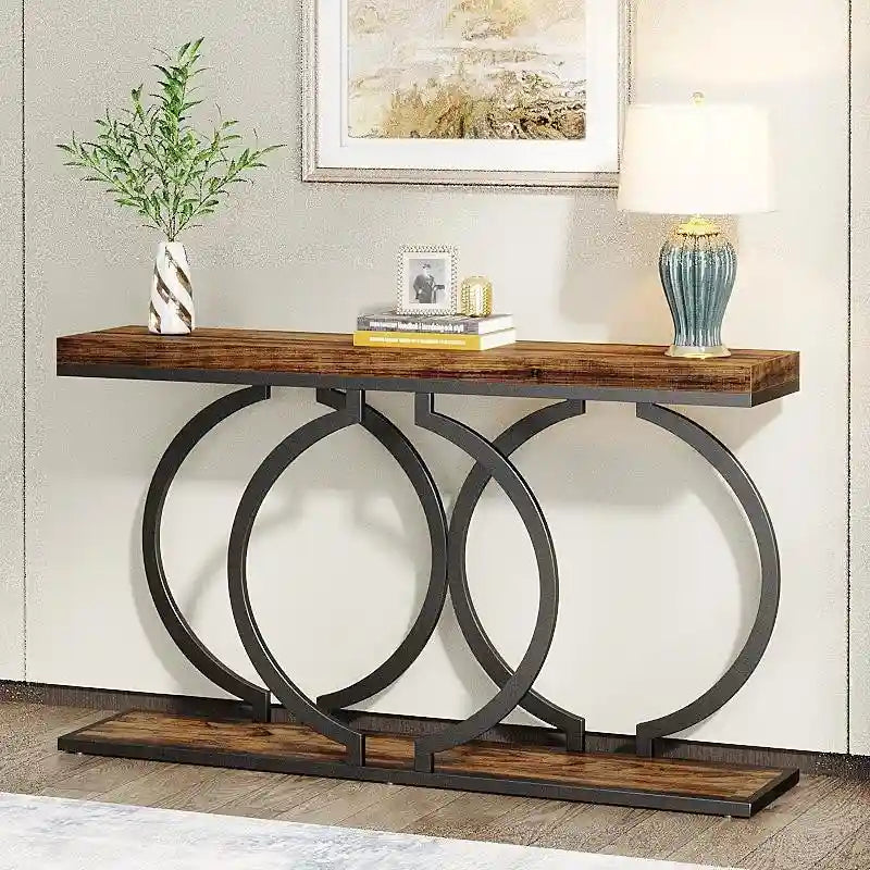 Console avec plateau en faux marbre blanc/noir/noyer/marron et base géométrique en métal - Usage unique