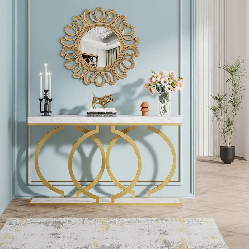 Console avec plateau en faux marbre blanc/noir/noyer/marron et base géométrique en métal - Usage unique