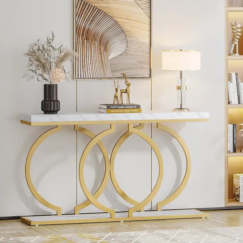 Console avec plateau en faux marbre blanc/noir/noyer/marron et base géométrique en métal - Usage unique