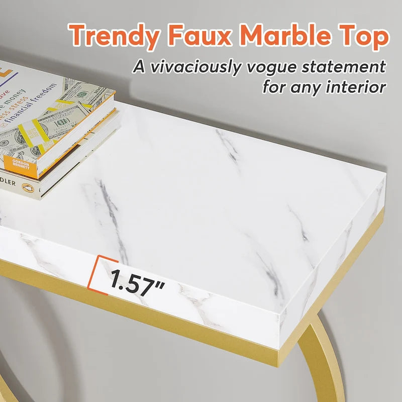 Console avec plateau en faux marbre blanc/noir/noyer/marron et base géométrique en métal - Usage unique