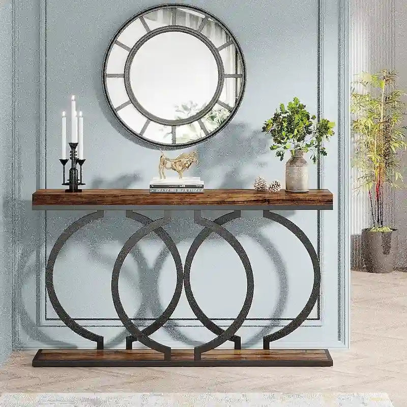 Console avec plateau en faux marbre blanc/noir/noyer/marron et base géométrique en métal - Usage unique