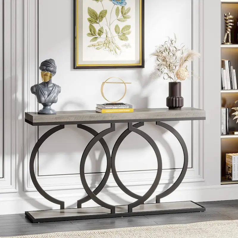 Console avec plateau en faux marbre blanc/noir/noyer/marron et base géométrique en métal - Usage unique