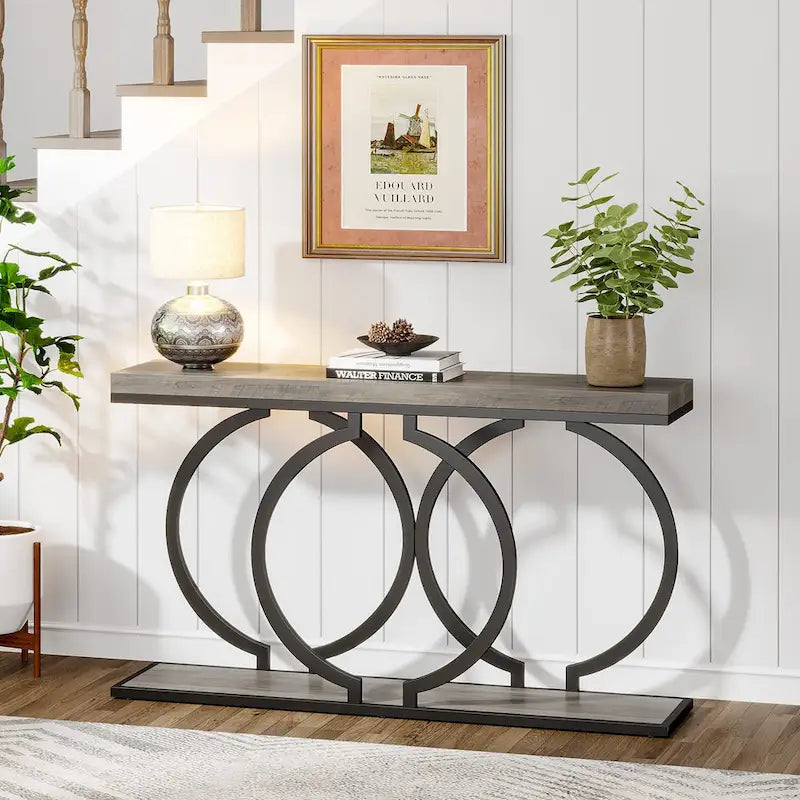 Console avec plateau en faux marbre blanc/noir/noyer/marron et base géométrique en métal - Usage unique