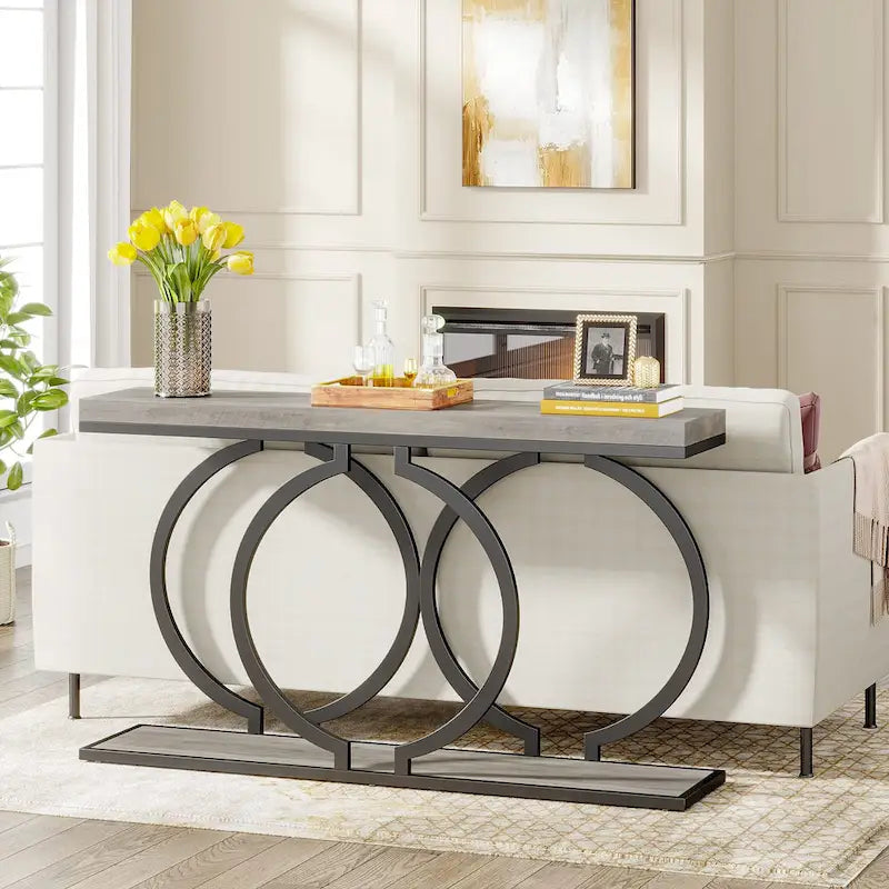 Console avec plateau en faux marbre blanc/noir/noyer/marron et base géométrique en métal - Usage unique