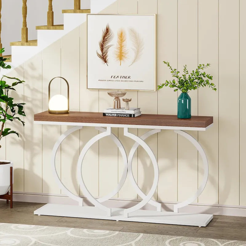 Console avec plateau en faux marbre blanc/noir/noyer/marron et base géométrique en métal - Usage unique