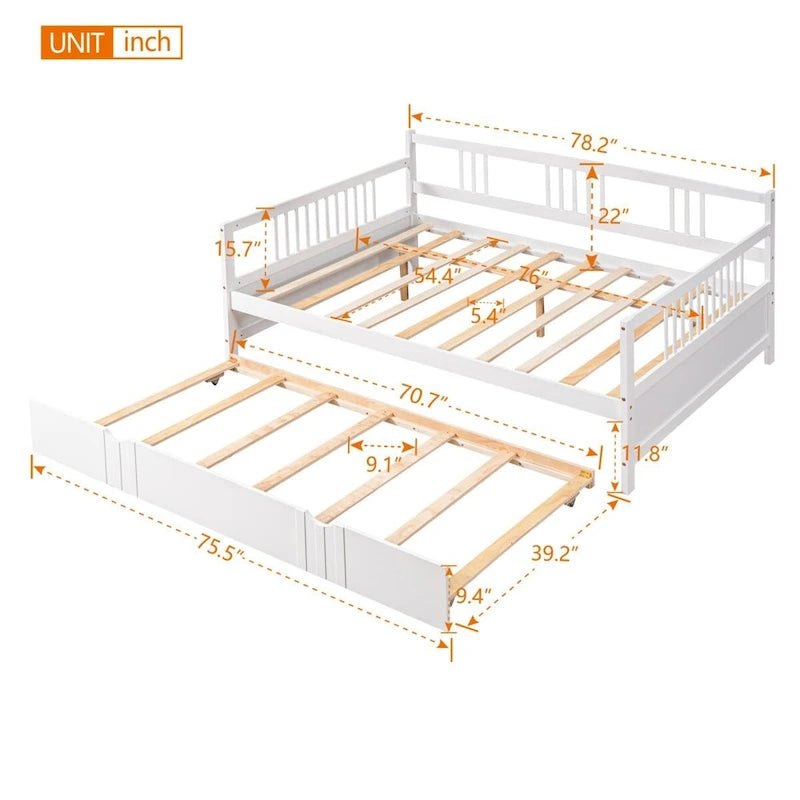 Lit de repos en bois massif gris/blanc/espresso avec lit gigogne double – Peut accueillir 2 personnes