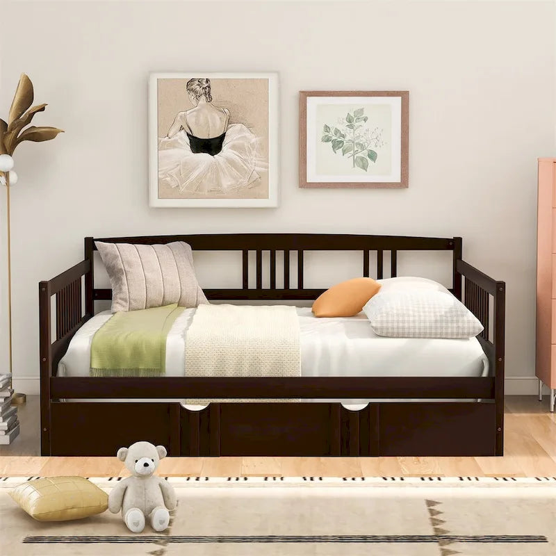 Lit de repos en bois massif gris/blanc/espresso avec lit gigogne double – Peut accueillir 2 personnes