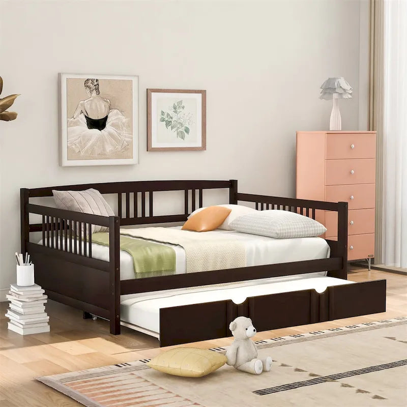 Lit de repos en bois massif gris/blanc/espresso avec lit gigogne double – Peut accueillir 2 personnes
