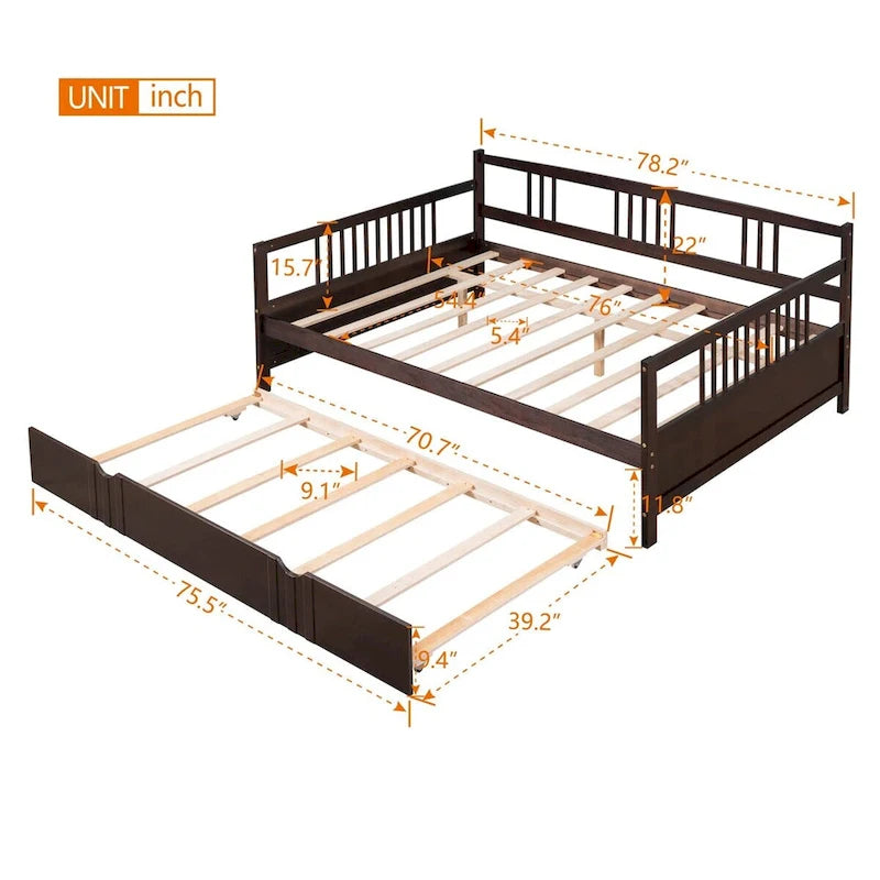 Lit de repos en bois massif gris/blanc/espresso avec lit gigogne double – Peut accueillir 2 personnes