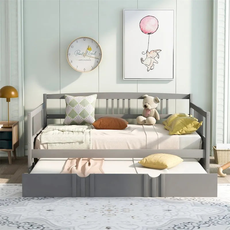 Lit de repos en bois massif gris/blanc/espresso avec lit gigogne double – Peut accueillir 2 personnes