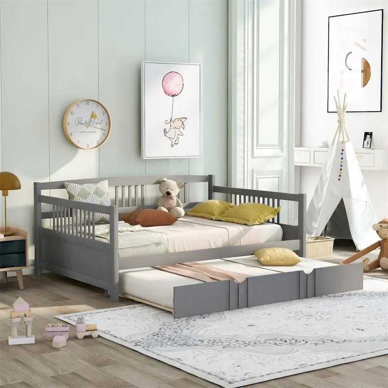 Lit de repos en bois massif gris/blanc/espresso avec lit gigogne double – Peut accueillir 2 personnes