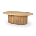 Table basse ovale cannelée en bois de manguier massif, brun clair/expresso, avec plateau élévateur hydraulique et rangement caché - Usage unique